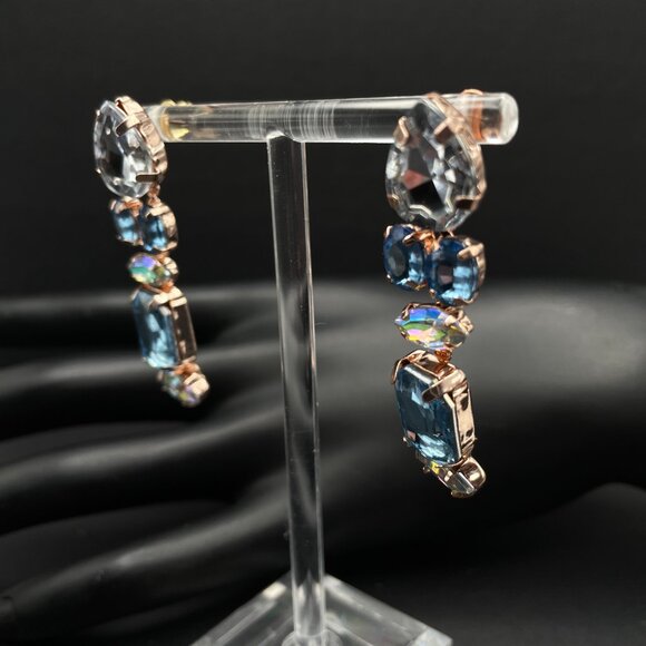 Vintage Blue Aurora Borealis Rhinestone Dangle Pierced Earrings Rose Gold Tone - Picture 4 of 9